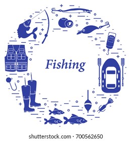 Different tools for fishing arranged in a circle. Template for your design, banner, poster or print.