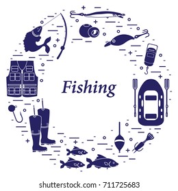 Different tools for fishing arranged in a circle. Template for your design, banner, poster or print.