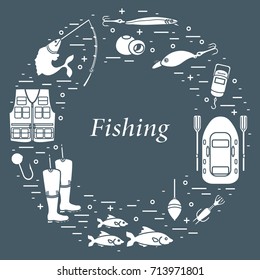 Different tools for fishing arranged in a circle. Template for your design, banner, poster or print.