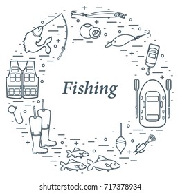 Different tools for fishing arranged in a circle. Template for your design, banner, poster or print.