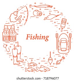 Different tools for fishing arranged in a circle. Template for your design, banner, poster or print.