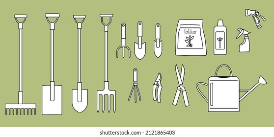 Verschiedene Werkzeuge für den Garten. Schaufel-, Rake-, Tränke- und andere wichtige Gartenwerkzeuge. 