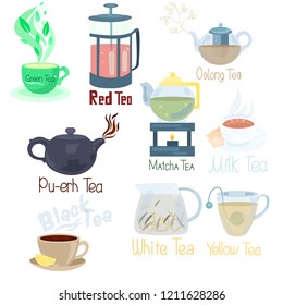 Different tools for holding tea ceremonies with a large selection of black white green tea and other.