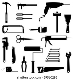 Different tools silhouettes isolated over white background