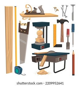 Different tools for woodwork vector illustrations set. Collection of cartoon drawings of instruments and workbench for carpentry work on white background. Carpentry, renovation, professions concept