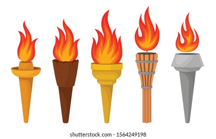 Different Torches With Brightly Burning Fire Vector Set