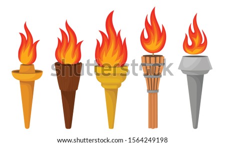 Different Torches With Brightly Burning Fire Vector Set