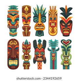 Different totem poles. Tribal statues. Hawaii tiki totems icons collection. Wood totemic symbols