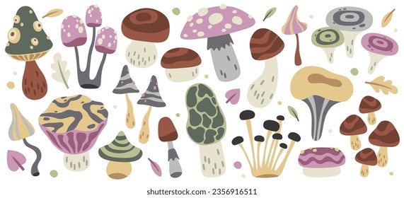 Different toxic fungus poisonous toadstool mushrooms isolated set in hand drawn doodle style. Various inedible dangerous natural wild amanita, pale grebe, false honey agaric vector illustration