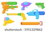 Different toy gun flat illustration set. Cartoon water guns, comic and space laser alien pistols for kids isolated vector illustrations. Game weapons and toys concept