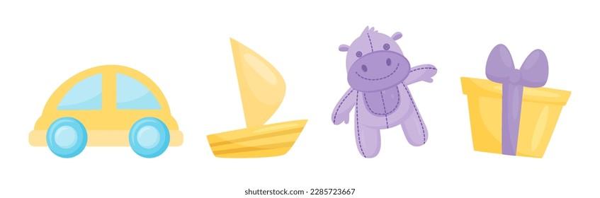 Different Toys for Children to Play with Car, Boat, Stuffed Hippo and Gift Box Vector Set