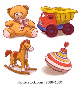 Different toys colorful vector drawings set with teddy bear, rocking horse, truck, peg top