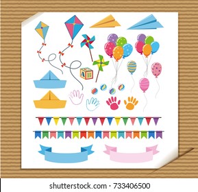 Different toys and decorations on cardboard background illustration