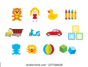 Different toys for kids icon set vector. Toys for boys and girls vector. Colorful toys isolated on a white background. Children's toys clipart