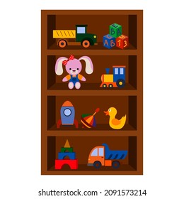 Different toys on a shelf, a cabinet with toys, vector isolated on a white background.