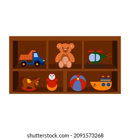 Different toys on a shelf, a cabinet with toys, vector isolated on a white background.