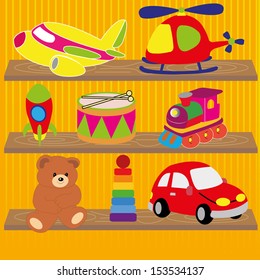 different toys on special yellow lines background