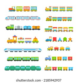 Different toys trains cartoon illustration set. Colorful kids locomotives, suburban train, electric railways, engines or wagons. Entertainment, recreation, childhood, transportation, vehicle concept