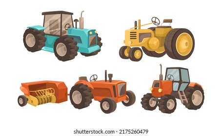 Different tractors for farming vector illustrations set. Agricultural machinery or farm equipment, rural or countryside elements isolated on white background. Agriculture, farming, transport concept