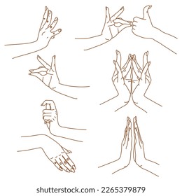 Different traditional hand signs of a dancing woman. Indian classical dance Bharatanatyam mudra. Alapadma hasta. Beautiful set of hands in Indian dance. Linear vector illustration.