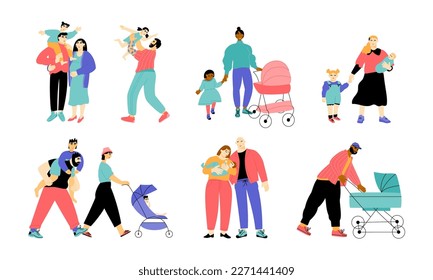 Different traditional heterosexual families. Young parents and their kids. Father, mother, children. Vector flat illustration