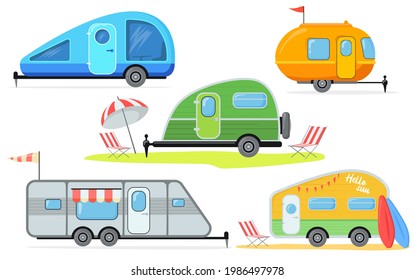 Different trailers for camping vector illustrations set. Collection of caravans or camper vans at campsite or beach isolated on white background. Camping, traveling, family vacation concept