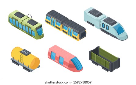 Different trains isometric 3D vector illustrations set. Railway transportation. Cargo and tank wagons. Subway, locomotive, tram. Transport isolated cliparts pack. Modern vehicles collection