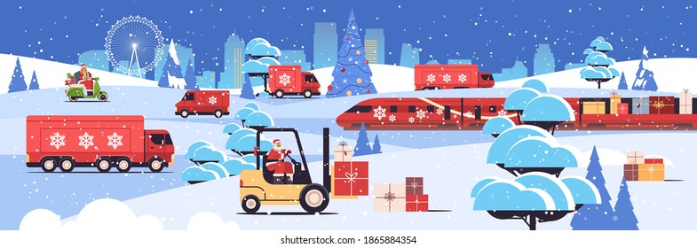 different transport delivering gifts merry christmas new year holidays celebration delivery service concept greeting card cityscape background horizontal vector illustration