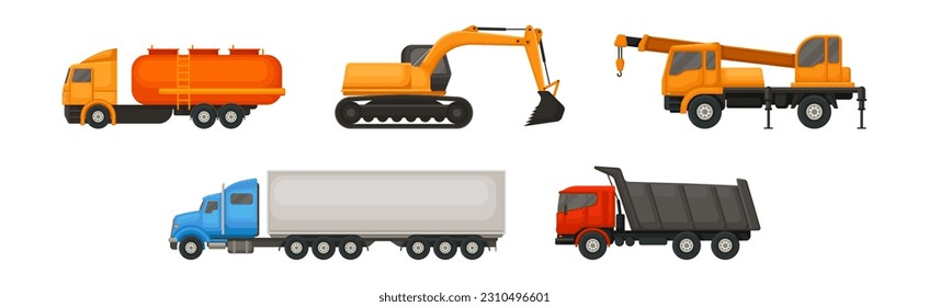 Different Transport with Excavating Machinery and Lorry Vector Set