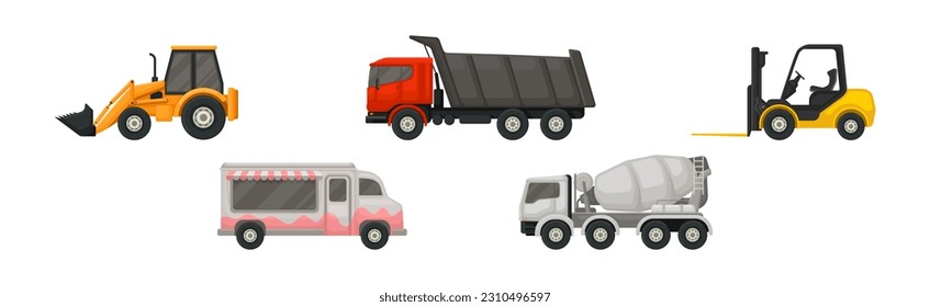 Different Transport with Forklift, Tractor and Lorry Vector Set