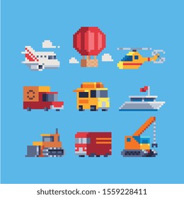 Different transport pixel art icons set balloon, airplane, helicopter, van, liner, crane, tractor isolated vector illustration. Logo transport company. Game assets. Design for sticker, logo, app.