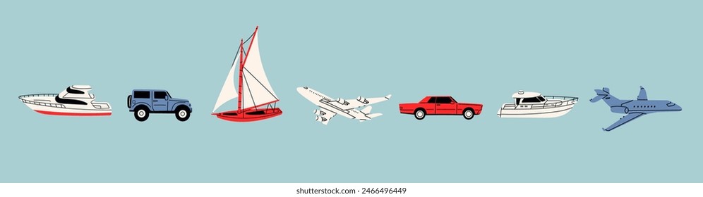 Different transport set. Various boats, sailing ship, cars, planes. Hand drawn modern Vector illustration. Cartoon style. Isolated design elements