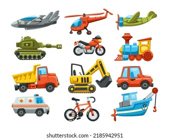 Different transport toys for kids flat vector illustrations set. Toy cars, helicopter, train, ship, motorcycle, plane for children on white background. Childhood, entertainment, transport concept