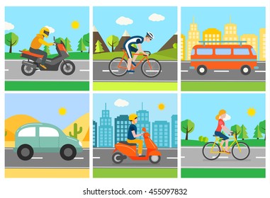 Different transport vehicle set in different landscapes, city, nature. With two types of bicycles, van, car,  motorcycle, scooter, vector illustration