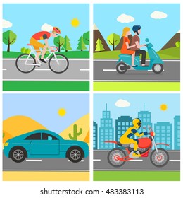 Different transport vehicle set in different landscapes, city, nature. With  bicycle, sport car,  motorcycle, scooter, vector illustration