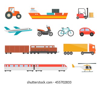 Different transport vehicles icons set. With tractor, moto?cycle, bicycle, plane, helicopter, train, wagon, car, truck, vector illustration