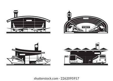 Different transportation buildings with vehicles – vector illustration