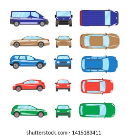 Different transportation car. Sedan car, hatchback, universal car, suv, van, mini car set. Vehicle collection in top, front, side view. Auto concept cartoon design. Vector illustration