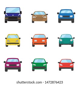 Different transportation car. Sedan car, hatchback, universal , suv, cabriolet, mini car set. Vehicle collection in front view. Auto concept cartoon design. Vector illustration