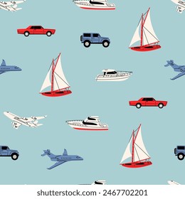 Different transportation. Various boats, sailing ship, cars, planes. Hand drawn modern Vector illustration. Cartoon style. Square seamless Pattern, background, wallpaper. Textile print template