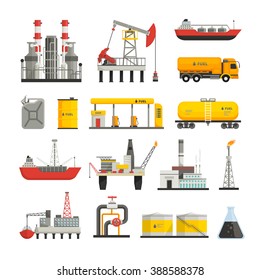 Different transports constructions and factories of oil petrol industry flat icons set isolated vector illustrations