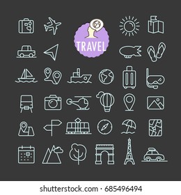 Colección vectorial de iconos de viaje diferentes. Iconos de esquema de aplicaciones web y móviles configurados en fondo oscuro