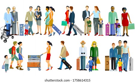 different travelers with luggage - vector illustration