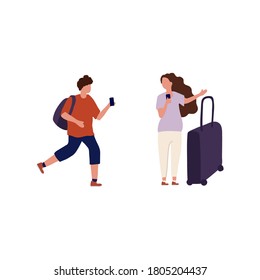 Different traveling people. A collection of mothers, fathers and children walking together at the airport or train station. A set of strolling parents and children with Luggage, isolated on a white