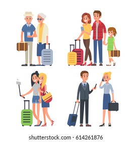 
Different traveling people with luggage. Vector illustration.