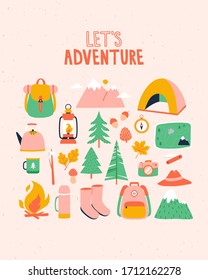 different travelling icons set in cute style on pink background. Hiking set. Vector set of different hiking elements