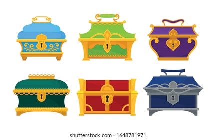 Different Treasure Chests and Trunks with Golden Keyhole Vector Set