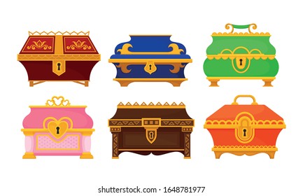 Different Treasure Chests and Trunks with Golden Keyhole Vector Set