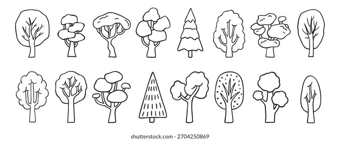 verschiedene Bäume doodle handgezeichnete Symbol-Set. Zeichnungsbaumlinien-Clipart-Symbolsammlung mit Umrisszeichnung. Vektorgrafik