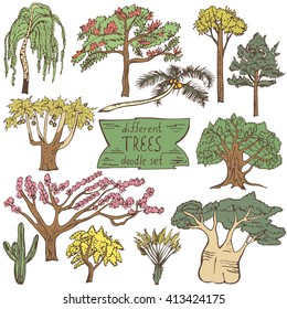 Different trees doodle set. Vector hand drawn illustration, isolated on white background.